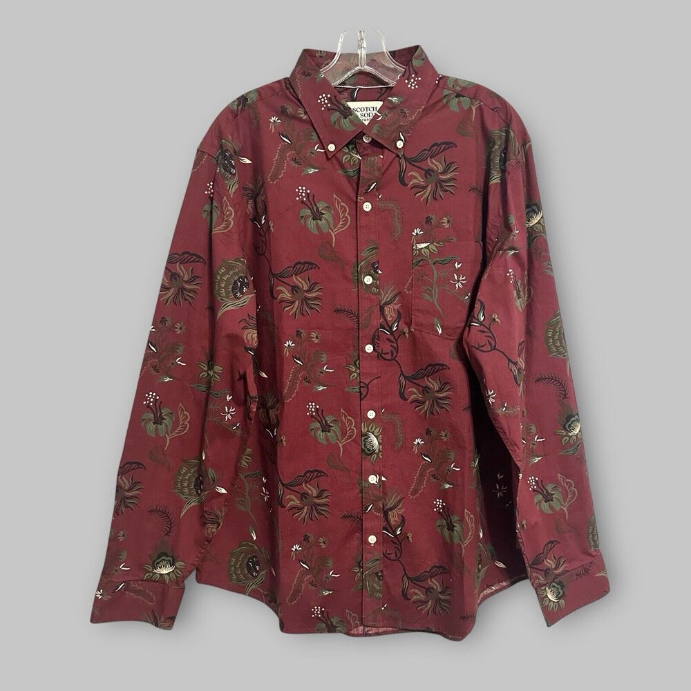 Scotch and Soda Shirt Mens Size Large Long Sleeve Button Up Wine Tapestry Print